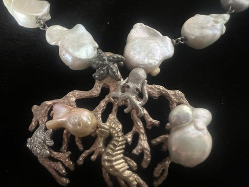MMA Boucles Collier Argent 925 Laminé Or Perles Original Chevaux Marins