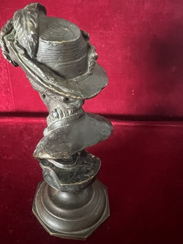 🔴 DONNA statua bronzo cera fusa scultura busto dama con cappello L 6 h 14 cm