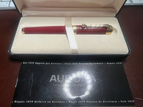 🔴 AURORA penna sfera D72 resina rossa profili dorati refill roller con astuccio