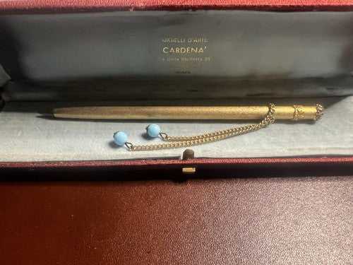 Stylo-Plume Sphère Doré Avec Chaîne Et Décor Turquoise Élégant Écrit Vintage 
