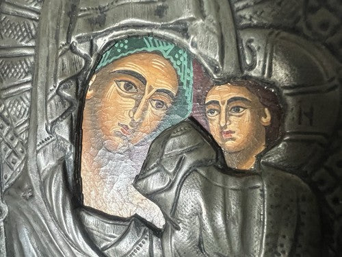 Madonna Avec Enfant Icône Saint Métal Ciselé Peinture Base Bois Vintage