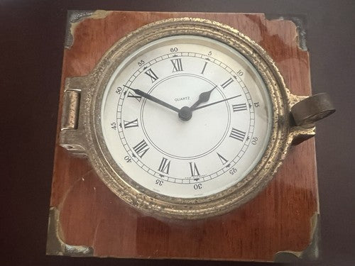 Horloge Murale Mur Bateau Métal Base Bois Nautique Hublot Quartz Vintage 