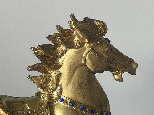 🔴 CAVALLO dorato con basamento in resina di rappresentanza pietre vintage h 37
