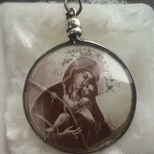 🔴 Ciondolo MADONNA CON BAMBINO santini ARGENTO 800 olografia su carta vintage