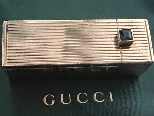 🔴 GUCCI gold laminated lipstick holder with EMERALD stone antique from 1930 RARE 