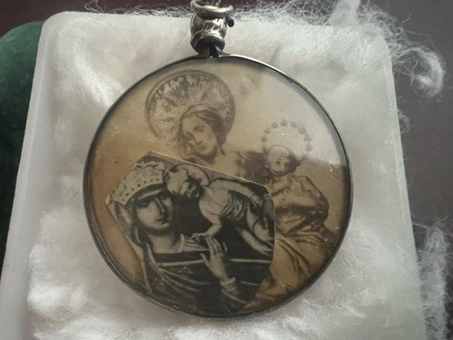 🔴 Ciondolo MADONNA CON BAMBINO santini ARGENTO 800 olografia su carta vintage