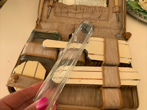 🔴 TRAVEL SET leather BRUSHES BRUSHES BOTTLES vintage glass 