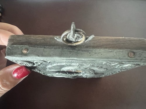 🔴 MADONNA con BAMBINO icona Sacra metallo Cesellato pittura base lignea vintage