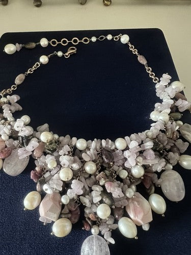 Déesse Collier de Bijoux Argent Plaqué Or Tempête De Quartz Rose Perles 