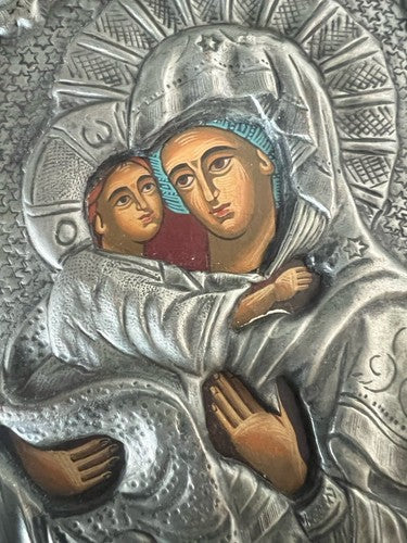 🔴 Madonna mit Kind, heilige Ikone, gemeißeltes Metallgemälde, Holzsockel, Vintage 