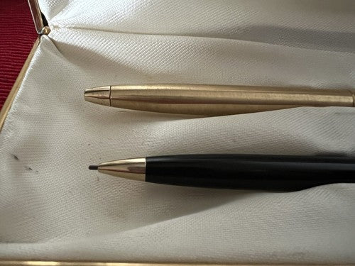 🔴 PAPERMATE penna +matita meccanica metallo dorato scrivono scatola vintage