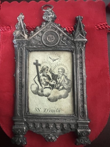 🔴 SILVER 800 Holy Trinity in chiseled bas-relief hook 7X13 ANTIQUE 