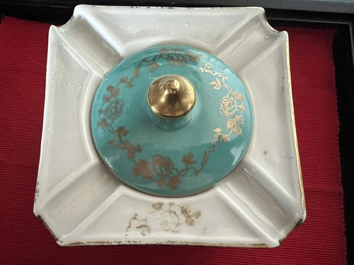 Pillivuyt Cendrier Porcelaine Français Fleurs Peinture Main Avec Couvercle 