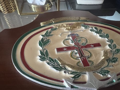 🔴 Wappen SANITA' MILITARE Schild aus Holz und Metall IN UNITATE FRUCTUS 