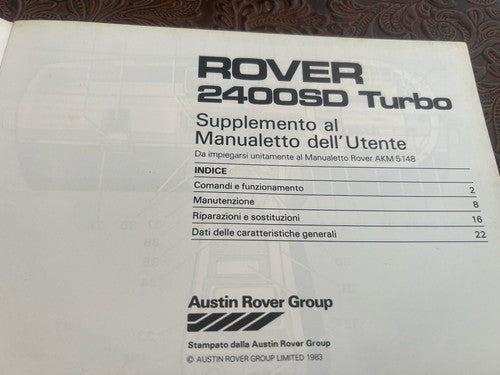 Rover 2400SD Livret Voiture Utilisation Entretien Turbo Italy Original Vintage