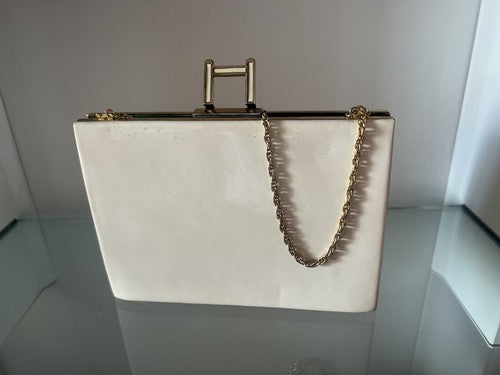 🔴 BORSA borsetta gioiello pelle VERNICE AVORIO seta verde con catena ART DECO'