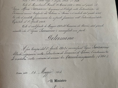Certificat D'Honneur Comptable D'État Vittorio Emanuele Ministère Trésor 1913