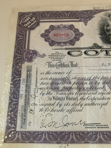 Antique Titre, Action 8 Actions New York City Coty Inc, Wilmington Trust 1948 