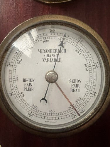 🔴 VEGLIA Wanduhr-Barometer aus Holz und Messing mit Bullauge 