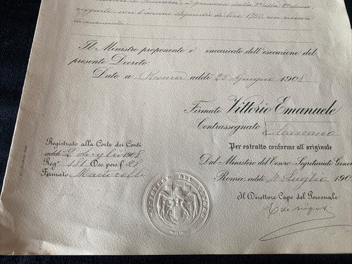 🔴 VITTORIO EMANUELE III, Titel FINANZRECHNER, Dekret des RECHNUNGSPRÜFERGERICHTS 1908 