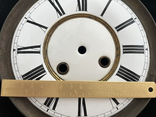 Cadran Horloge Pendule Mur Émaillé Bord Laiton 3 Trous Vintage