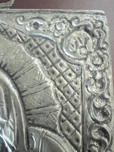 🔴 MADONNA con BAMBINO icona Sacra metallo Cesellato pittura base legno vintage