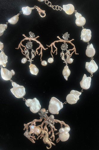 🔴 MMA orecchinI collana ARGENTO 925 laminato oro PERLE originali cavalli marini