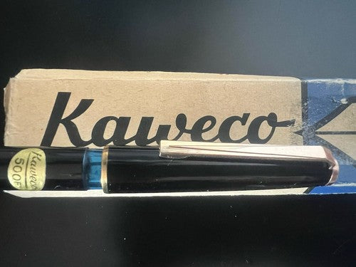 🔴 KAWECO penna stilografica 500F nera pistone oblò azzurro vintage 1970 SCRIVE