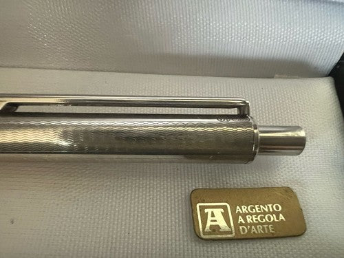 🔴 Penna sfera ARGENTO MASSICCIO 925 onde guillocchè pulsante scrive vintage 18