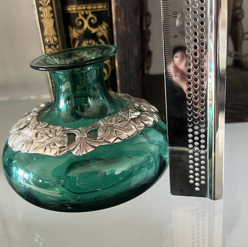 🔴 Vasi ampolle ARGENTO 925 e VETRO verde da essenze ed olio con ricamo