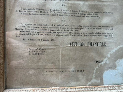 🔴 VITTORIO EMANUELE II legge conio monete 5 10 centesimi 1862 quadro ORIGINALE