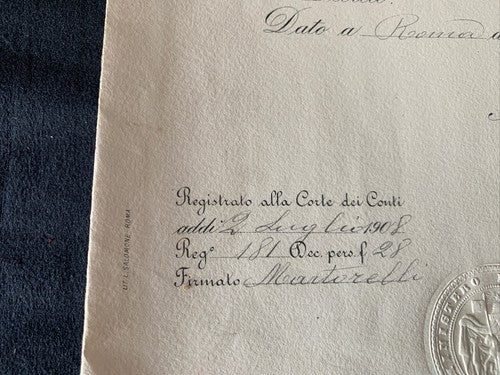 🔴 VITTORIO EMANUELE III, Titel FINANZRECHNER, Dekret des RECHNUNGSPRÜFERGERICHTS 1908 