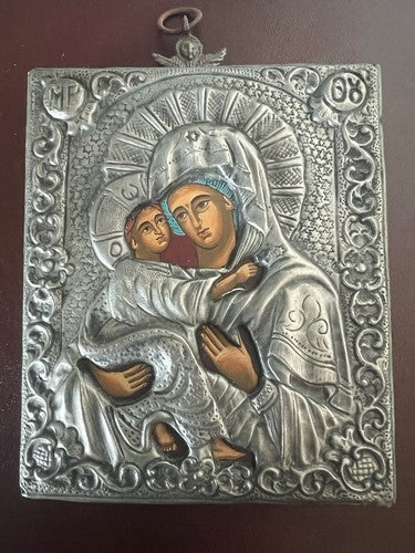 🔴 MADONNA con BAMBINO icona Sacra metallo Cesellato pittura base lignea vintage