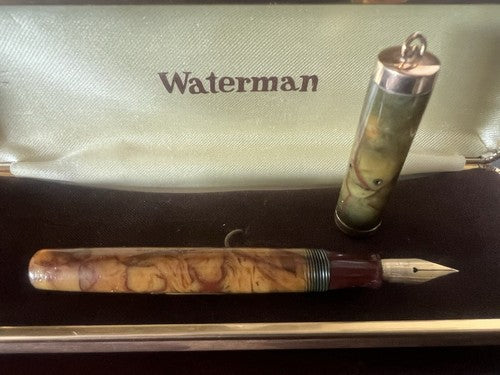 🔴 WATERMAN'S marbled celluloid lever fountain pen with antique GOLD nib 