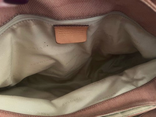 🔴 Große BULGARI Damen-Tasche aus pfirsichfarbenem Leder und Stoff mit Gebrauchsspuren, ORIGINAL 