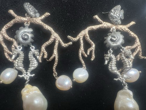 🔴 MMA orecchinI collana ARGENTO 925 laminato oro PERLE originali cavalli marini