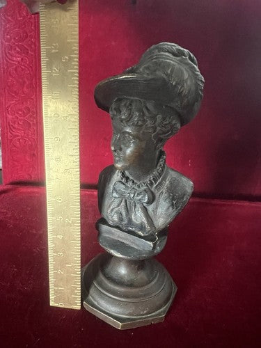 🔴 DONNA statua bronzo cera fusa scultura busto dama con cappello L 6 h 14 cm