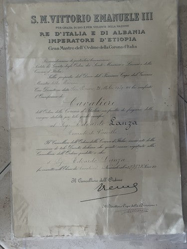 Vittorio Emanuele III Certificat Cavaliere Gran Maestro Ordre Couronne Italie