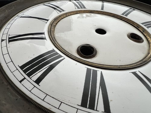 Cadran Horloge Pendule Mur Émaillé Bord Laiton 3 Trous Vintage