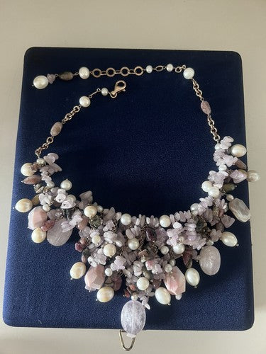 Déesse Collier de Bijoux Argent Plaqué Or Tempête De Quartz Rose Perles 