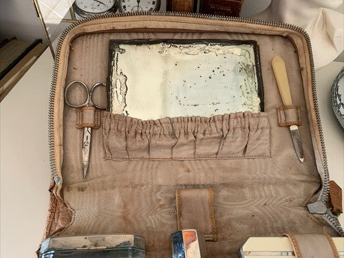 Set de Voyage Cuir Balais Mirror Bottles Verre Vintage 