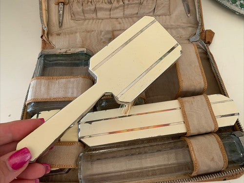 Set de Voyage Cuir Balais Mirror Bottles Verre Vintage 