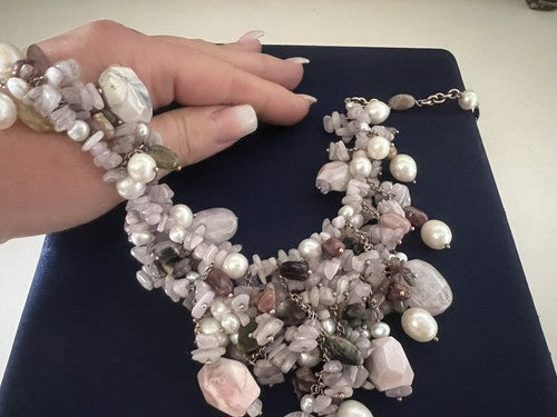 🔴 DEA GIOIELLI collana ARGENTO placcata oro tempesta di QUARZO ROSA perle