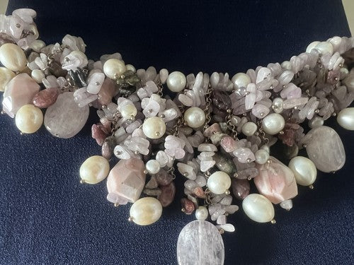 Déesse Collier de Bijoux Argent Plaqué Or Tempête De Quartz Rose Perles 
