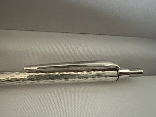 🔴 Penna sfera ARGENTO 835 massiccio corpo guillocchè pulsante antica 15