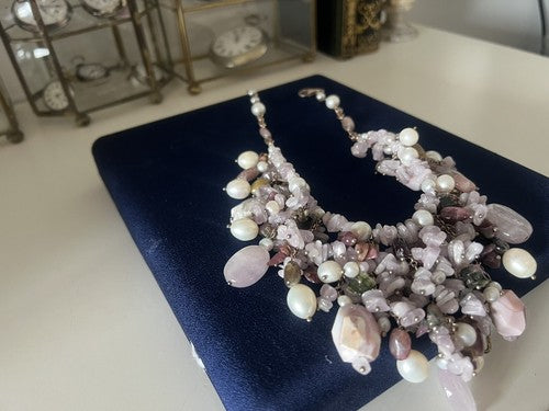 Déesse Collier de Bijoux Argent Plaqué Or Tempête De Quartz Rose Perles 