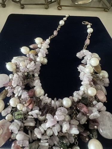 Déesse Collier de Bijoux Argent Plaqué Or Tempête De Quartz Rose Perles 
