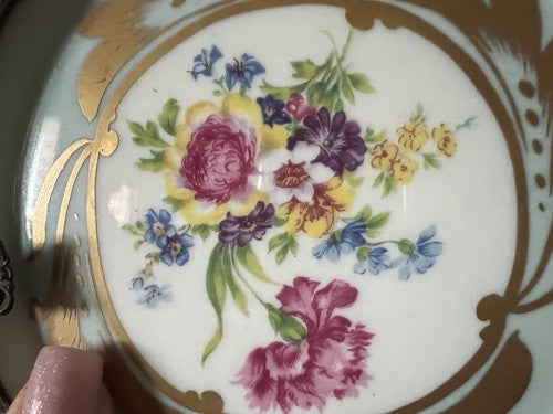 Limoges Cendrier Porcelaine Fleurs Peinte à la Main Profils Bronze Vintage 