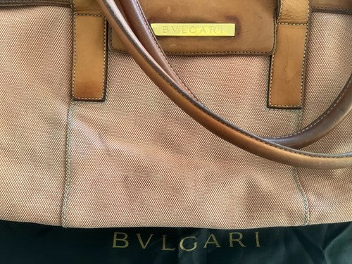 🔴 Große BULGARI Damen-Tasche aus pfirsichfarbenem Leder und Stoff mit Gebrauchsspuren, ORIGINAL 