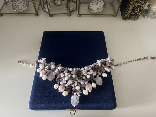 Déesse Collier de Bijoux Argent Plaqué Or Tempête De Quartz Rose Perles 